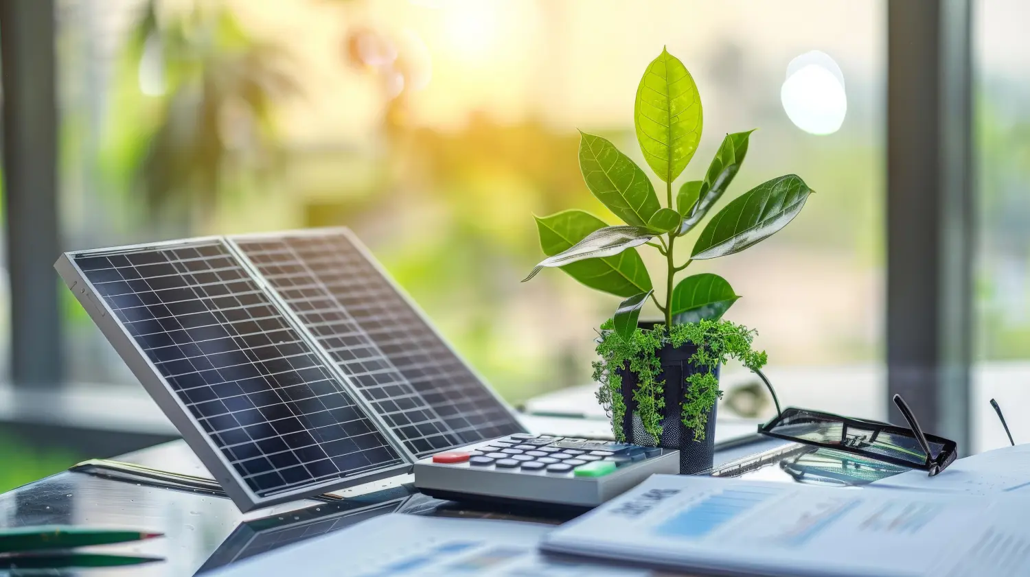 Eine Mischung aus Buchhaltungstools, Solarpanel-Komponenten und einer grünen Pflanze auf einem Büroschreibtisch