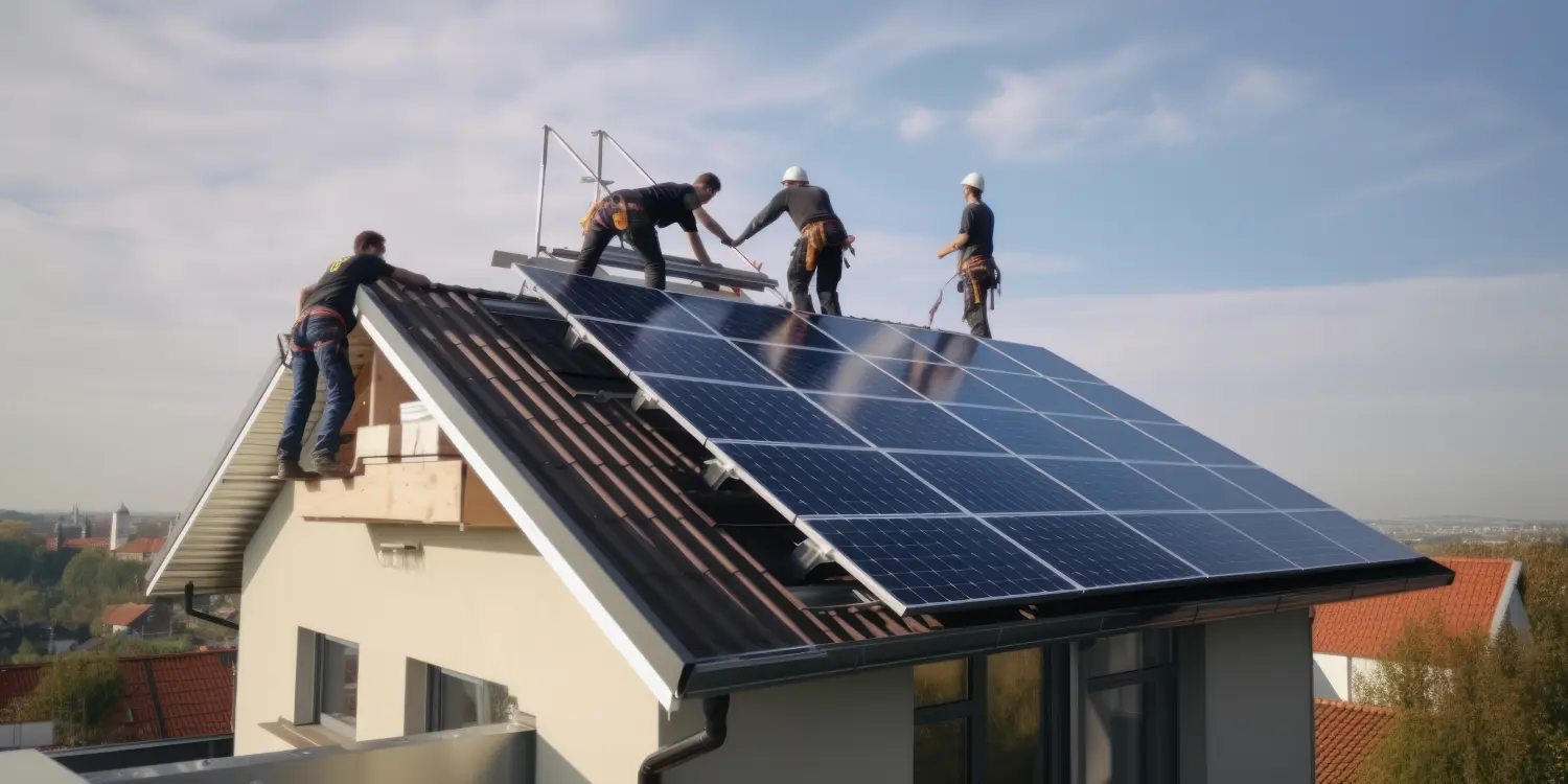 Arbeiter installieren Photovoltaik-Solarmodule,