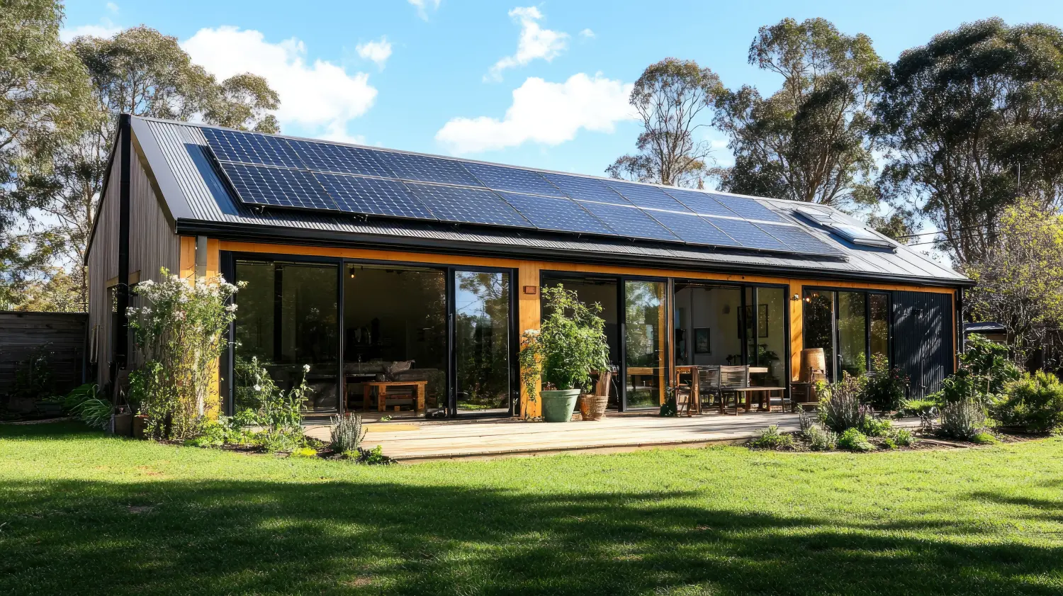 Modernes, umweltfreundliches Haus mit Sonnenkollektoren und Garten