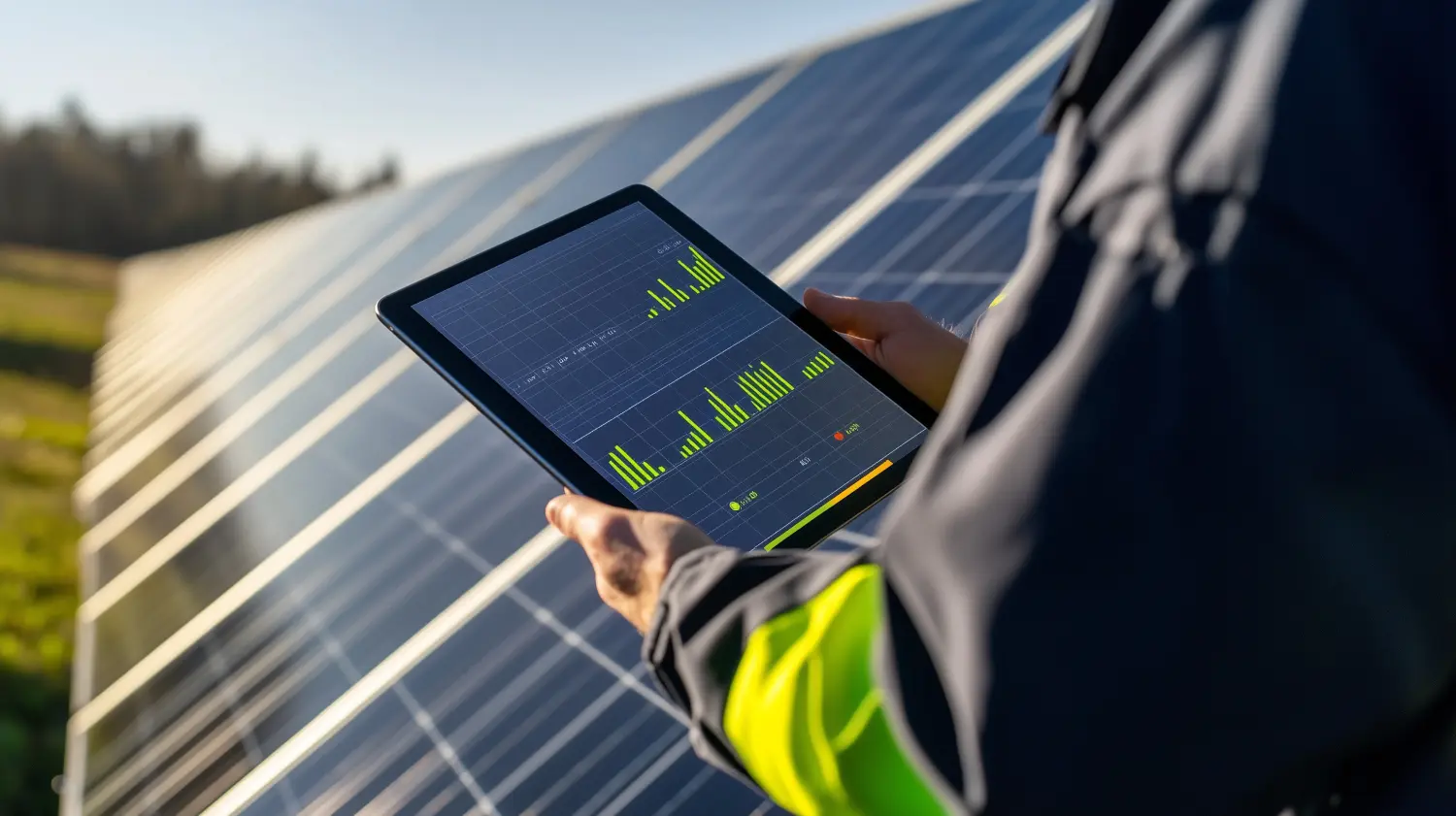 Nahaufnahme eines Technikers, der die Leistungsdaten von Solarmodulen auf einem digitalen Tablet überwacht